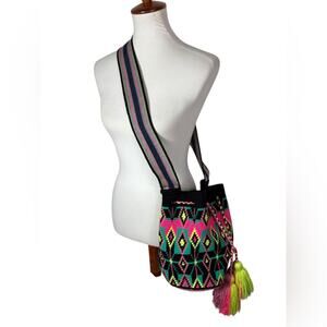 Colorful Mochilla Woven Round Crossbody Bag With Tassels